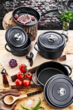 سرویس قابلمه چدن 7 پارچه اولیکا اصل ترکیه مدل پالادیوم پریمیوم پلاس رنگ مشکی